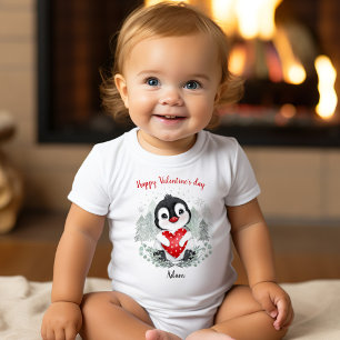 Valentine's day Cute Penguin Custom Name Baby Bodysuit