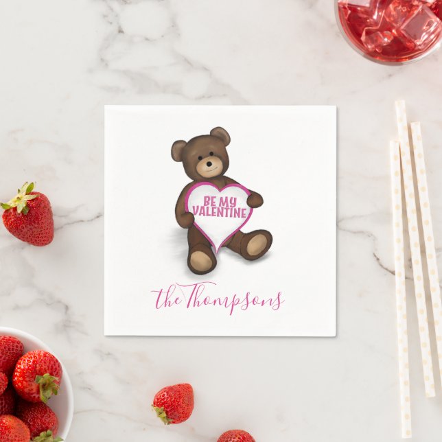 Valentine's Day Cute Pink Heart Teddy Bear Napkin (Insitu)