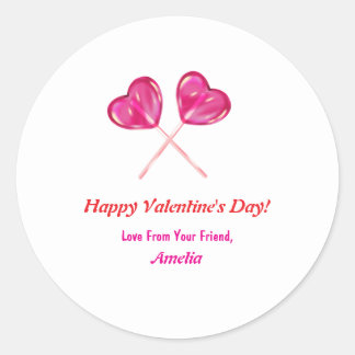 Valentine's Day Cute Pink Lollipops Heart Name Classic Round Sticker