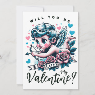 Valentine's Day cute pink teal cupid Holiday Card