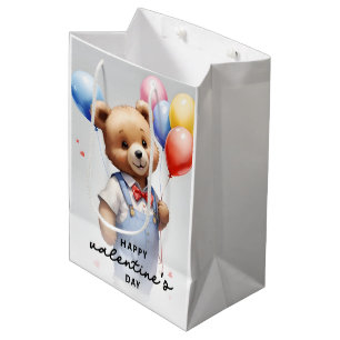 Valentine's Day Cute Watercolor Bear With Balloon Medium Gift Bag