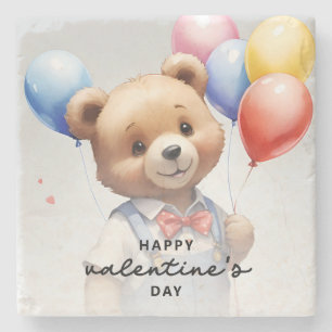 Valentine's Day Cute Watercolor Bear With Balloon Stone Coaster
