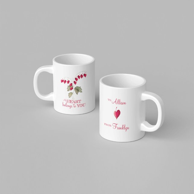Valentine's Day Cute Whimsical Bleeding Hearts  Coffee Mug (Romantic bleeding heart flower mug with personalized names and sweet Valentine love message.)