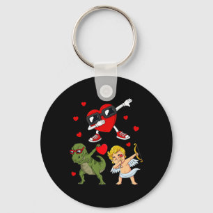 Valentines Day Dabbing Heart And Cupid Fun T Rex B Key Ring