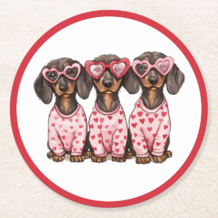Valentines Day Dachshund Dogs Round Paper Coaster
