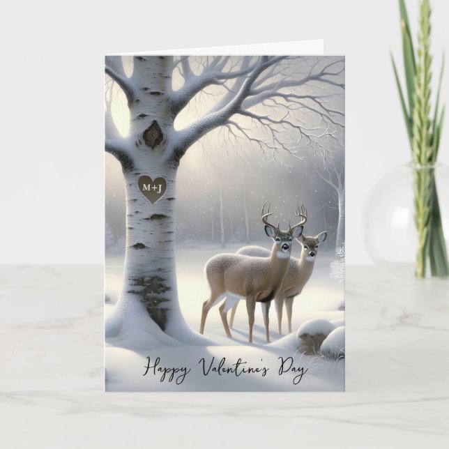 Valentine's Day Deer with Initials on Tree Heart Holiday Card (Front)