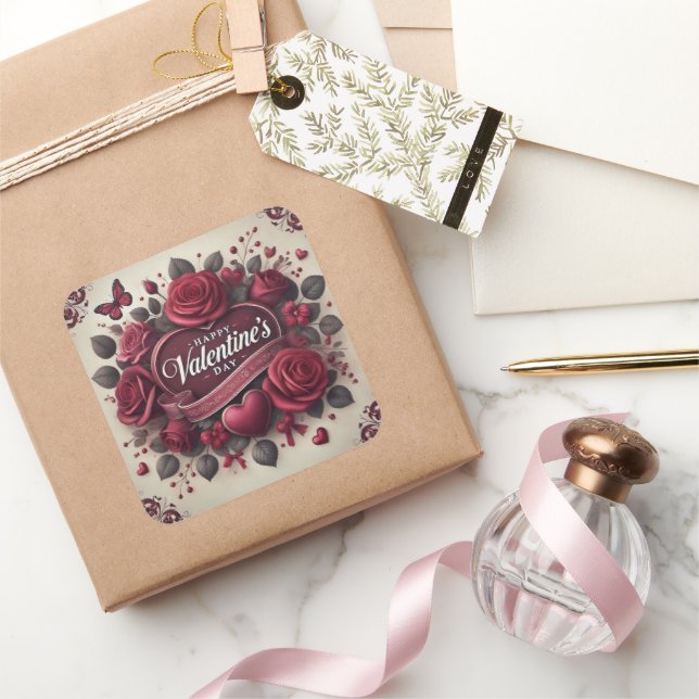 Valentine's Day Design With Roses and Heart  Square Sticker (Gifting)