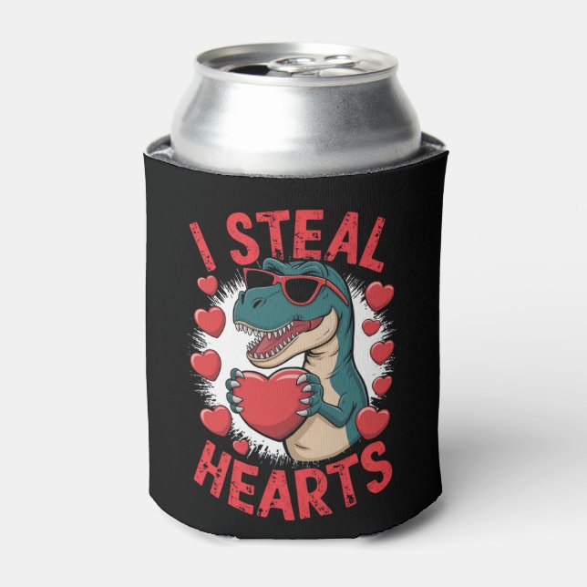 Valentines Day Dinosaur I Steal Hearts Love T rex Can Cooler (Can Front)