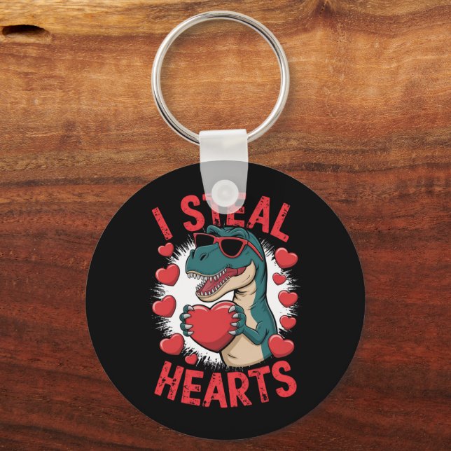 Valentines Day Dinosaur I Steal Hearts Love T rex Key Ring (Front)