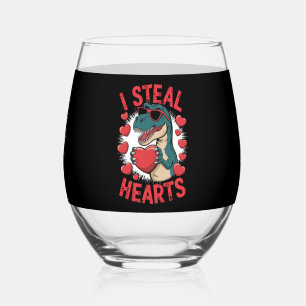Valentines Day Dinosaur I Steal Hearts Love T rex Stemless Wine Glass