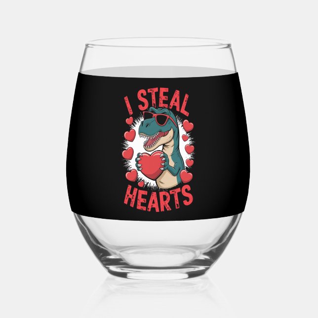 Valentines Day Dinosaur I Steal Hearts Love T rex Stemless Wine Glass (Back)