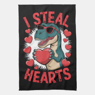 Valentines Day Dinosaur I Steal Hearts Love T rex Tea Towel
