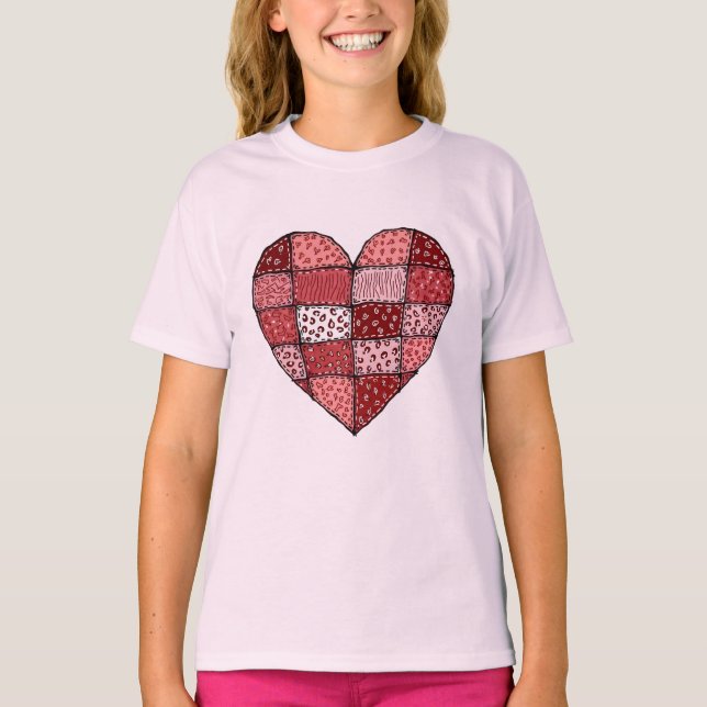 Valentine's Day Doodle Art Patchwork Heart Kids T-Shirt (Front)