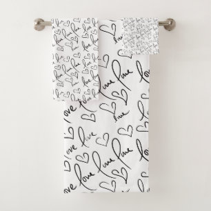 Valentines Day Doodles Black Handwriting Bath Towel Set