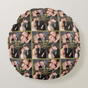 Valentine's Day Elegant Gold Photo Collage  Round Cushion