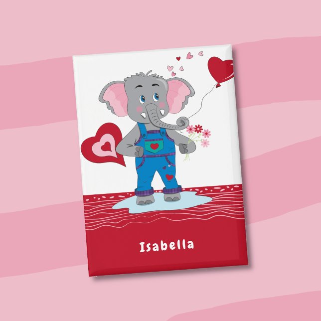 Valentine's Day Elephant Red and White Kid Button (Valentine's Day red and white kid rectangular button with a cartoon elephant carrying flowers . )