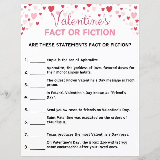 Valentine's Day Fact Or Fiction Game (Front)