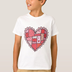Valentine's Day Faux Patchwork Heart Doodle Kids T-Shirt