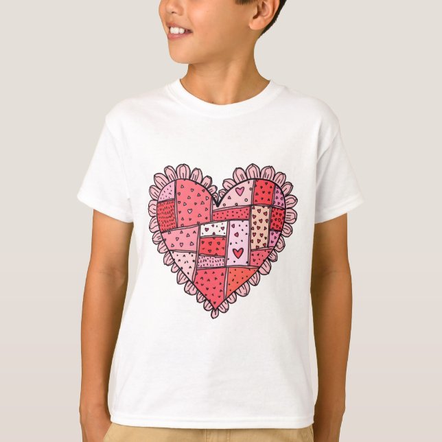 Valentine's Day Faux Patchwork Heart Doodle Kids T-Shirt (Front)
