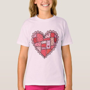 Valentine's Day Faux Patchwork Heart Doodle Kids T-Shirt