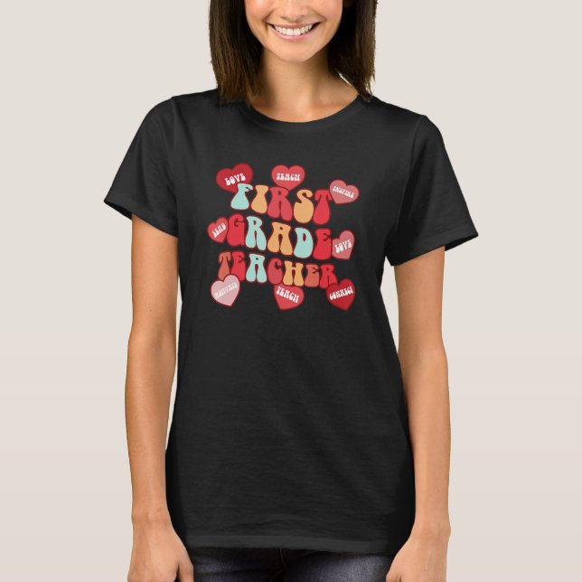 Valentines Day First Grade Teacher Retro Groovy T-Shirt (Front)
