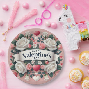 Valentine's Day Floral Heart Design Paper Plate