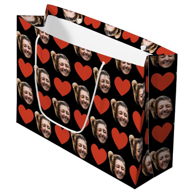 Valentines Day Funny Custom Face Photo Love Heart  Large Gift Bag (Front Angled)