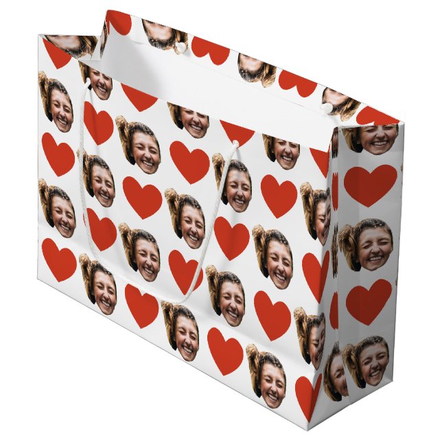 Valentines Day Funny Custom Face Photo Love Heart  Large Gift Bag (Front Angled)