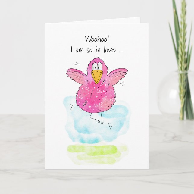 Valentine's Day Funny Jumping for Joy Pink Bird Holiday Card (Front)