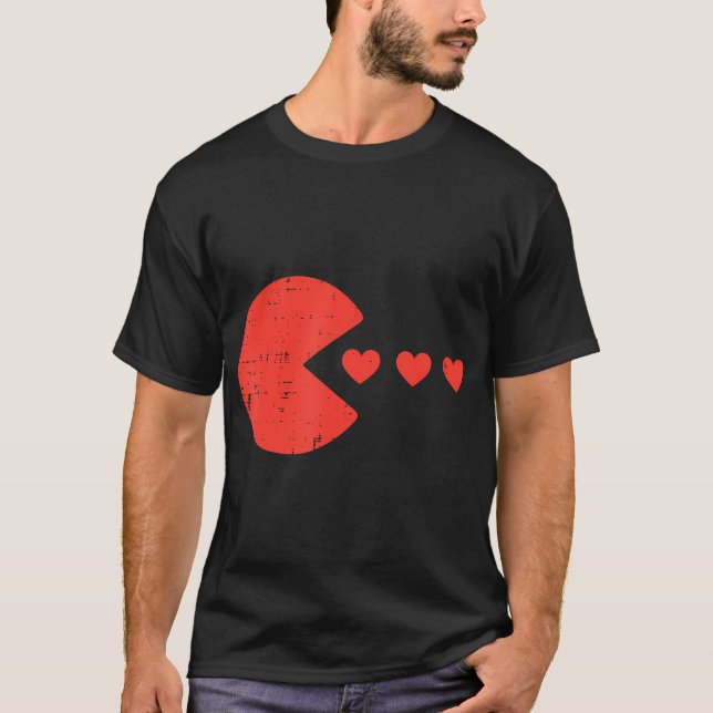 Valentines Day Gamer Eating Hearts Men Boys Kids Y T-Shirt (Front)