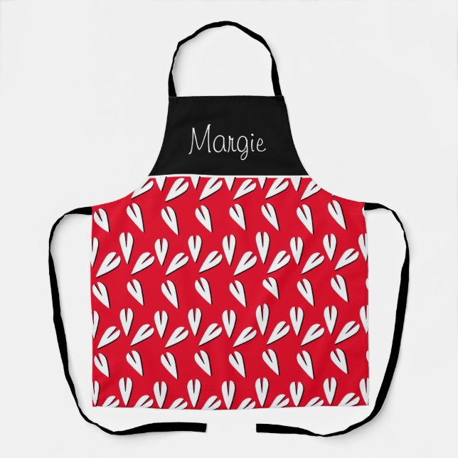 Valentines Day Geometric Hearts Black Red Name Apron (Front)