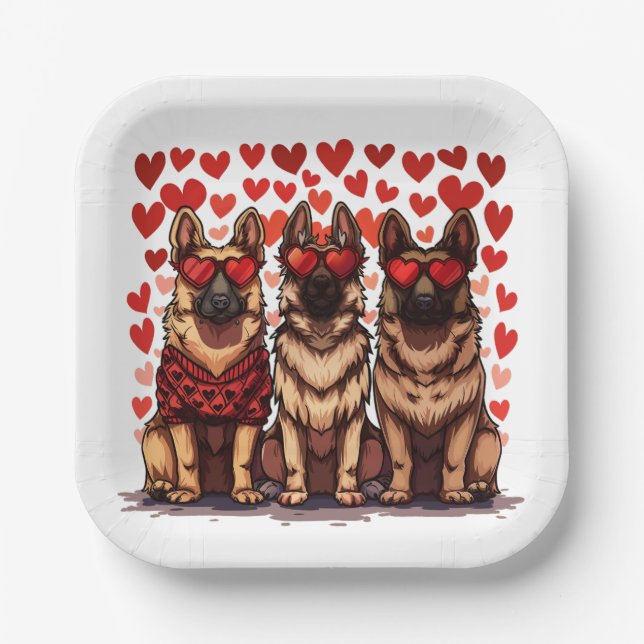 Valentines Day German Shepherd Dogs Paper Plate (Front)