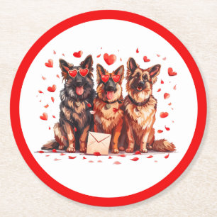Valentines Day German Shepherd Dogs Round Paper Coaster