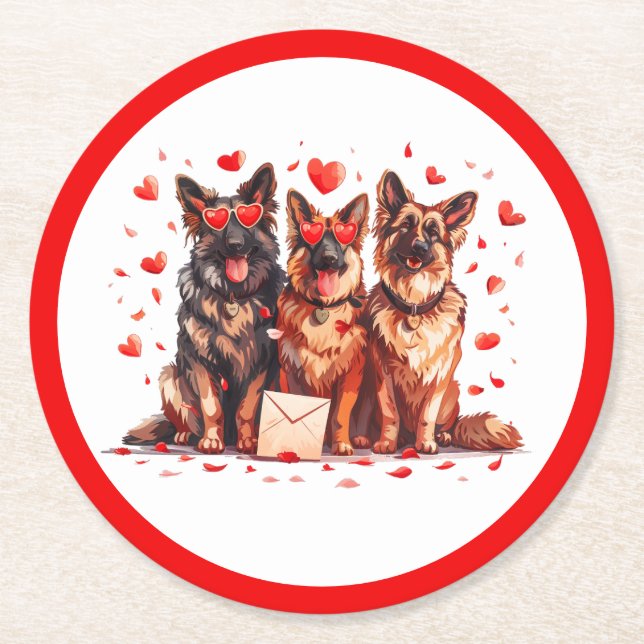 Valentines Day German Shepherd Dogs Round Paper Coaster (Front)