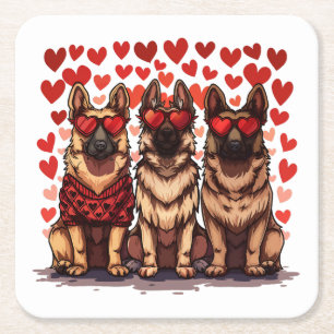 Valentines Day German Shepherd Dogs Square Paper Coaster