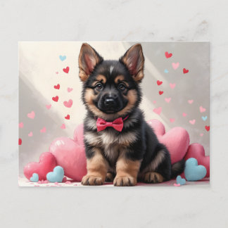 Valentine's Day German Shepherd Puppy with Hearts Holiday Postcard