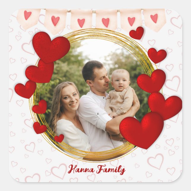 Valentine's Day Gift with Personalised Red Hearts Square Sticker (Front)