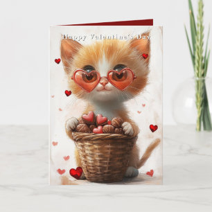 Valentine's Day Ginger Cat Basket Hearts Card