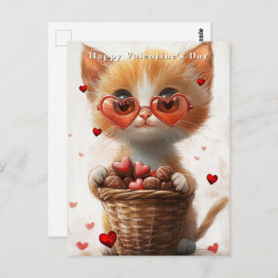 Valentine's Day Ginger Cat Basket Hearts  Postcard