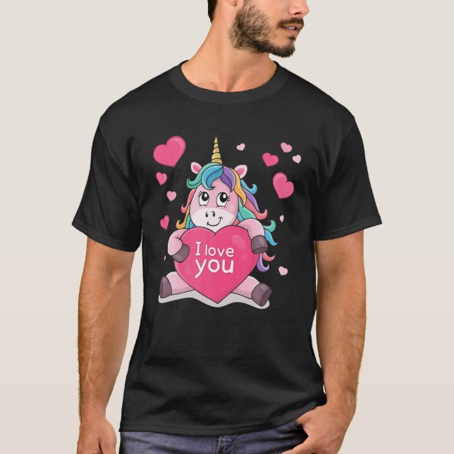 Valentines Day  Girls Kids Cute Unicorn Love Heart T-Shirt (Front)