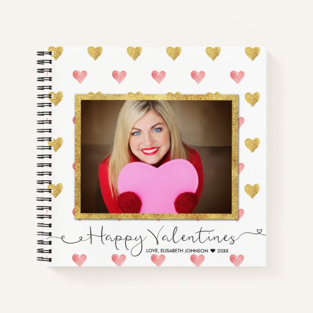 Valentines Day Glitter Heart Photo Spiral Notebook (Front)