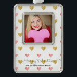 Valentines Day Glitter Heart Script Photo Ornament<br><div class="desc">A modern and trendy gold and pink glitter hearts illustration pattern with lovely Typography Script letters "Happy Valentine's Day". Easily to change the sample photo with your own one.</div>