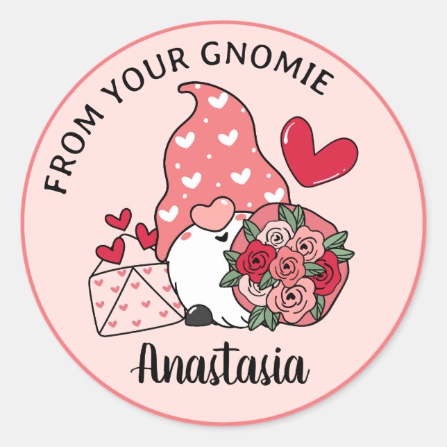 Valentines Day Gnome Custom Personalised From Name Classic Round Sticker (Front)