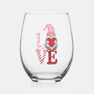 Valentines Day Gnome Love Couple Gifts for Her Stemless Wine Glass