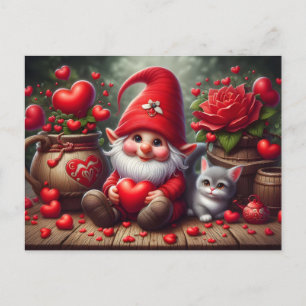 Valentine's Day Gnome with a cat Holiday Postcard