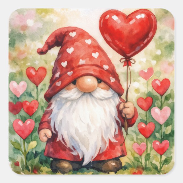 Valentine's Day Gnome with Red Heart Balloon Square Sticker (Front)