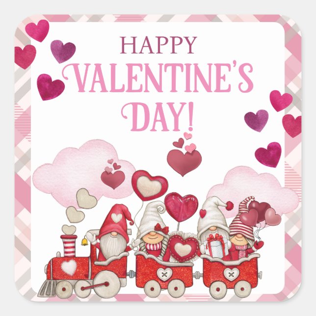 Valentine's Day Gnomes on a Train Square Sticker (Front)