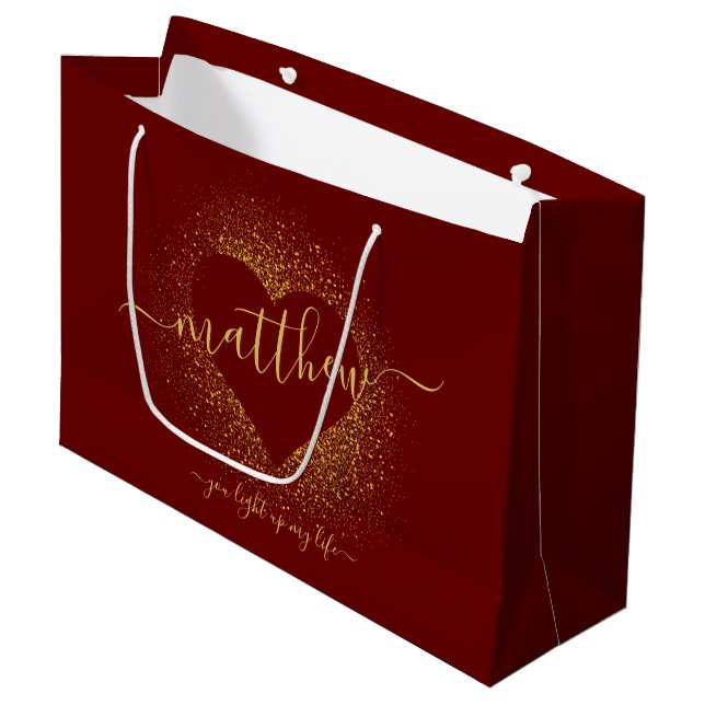 VALENTINE'S DAY GOLD GLITTER CONFETTI HEART CUSTOM LARGE GIFT BAG (Front Angled)
