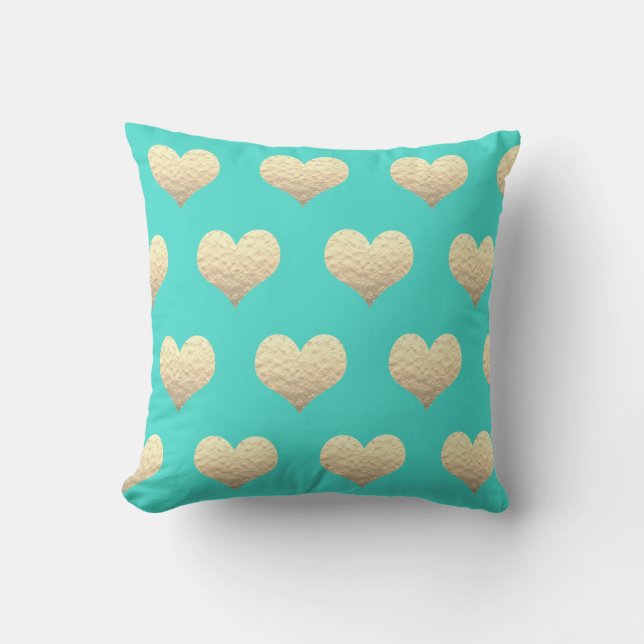 Valentine's Day Gold Heart Pattern Turquoise Teal  Cushion (Front)