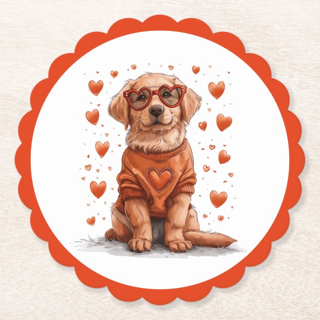 Valentines Day Golden Retriever Dog Paper Coaster (Front)